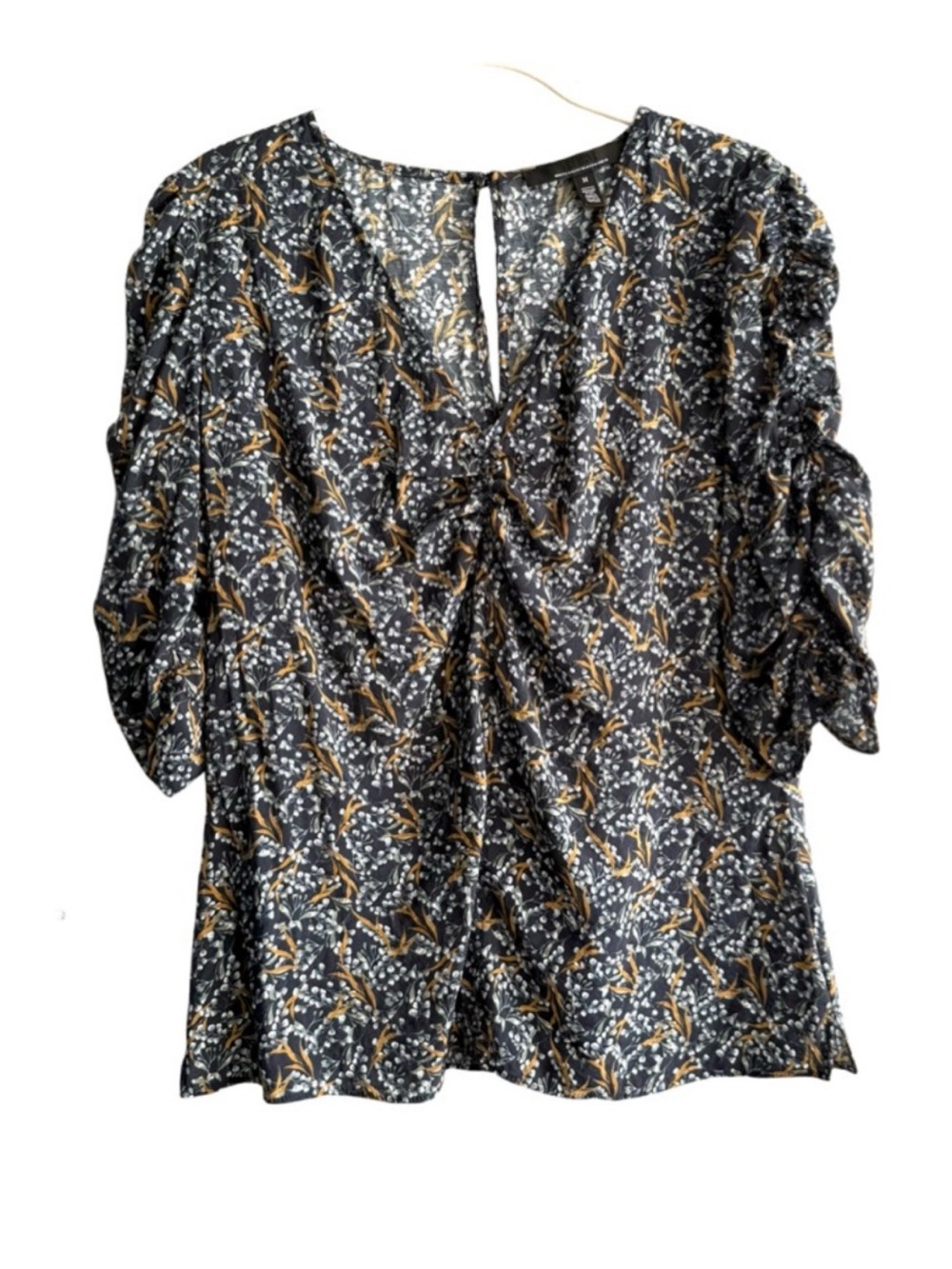 WHBM V-neck Blouse Elbow Sleeve Ruched Ditsy Floral Gray White Orange Size M